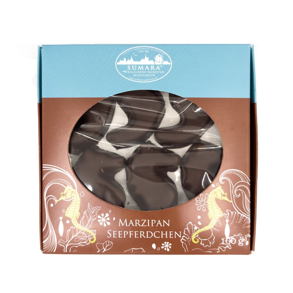 Stralsunder Marzipan Seepferdchen mit Zartbitterschokolade